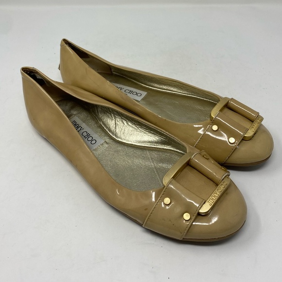 Jimmy Choo Morse Patent Leather Tan Beige Ballerina Flats Size 37 - Picture 6 of 10